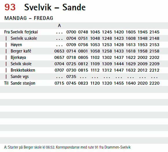 Linje 93 Svelvik - Sande fra 24. februar Hverdager