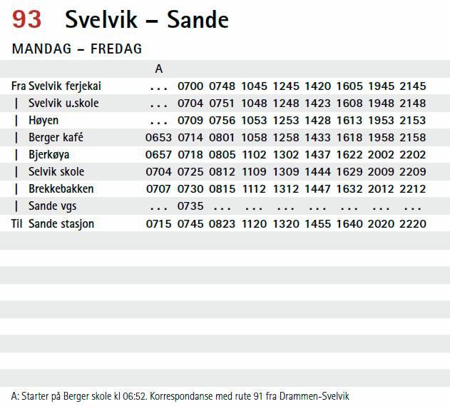 Linje 93 Svelvik - Sande fra 24. februar Hverdager
