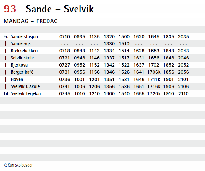 Sande - Svelvik, hverdager Linje 93 fra 24. februar